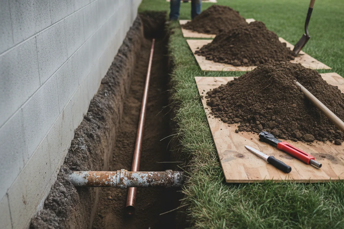 Excavated water line trench during Sewer Line Repair in West New York